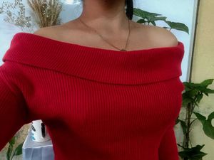 Red Off-Shoulder Long Sleeve Top