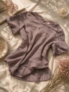 Plaid V-Neck Ruffle Sleeve Top