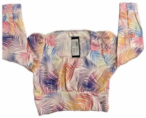 Tropical Print Square Neck Long Sleeve  Crop Top