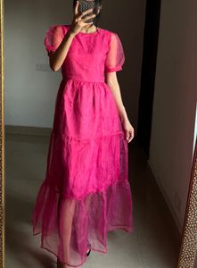 Fuchsia Pink Tiered Puff Sleeves Midi Dress
