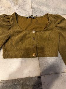 Brown Corduroy Puff Sleeve Crop Top