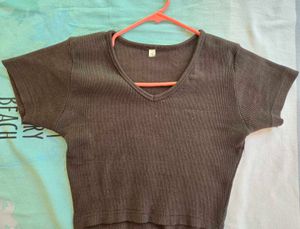 Brown Ribbed V-Neck Cropped Top