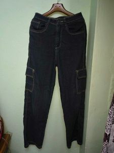 Straight Fit Dark Wash Cargo Jeans