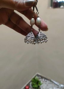 German silver jhumka earrings with faux pearls