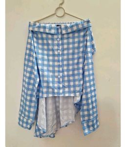 Blue &amp; White Gingham Off-Shoulder Top