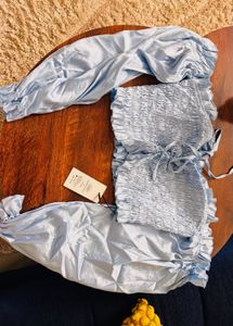 Chic Light Blue Smocked Top with Balloon Sleeves