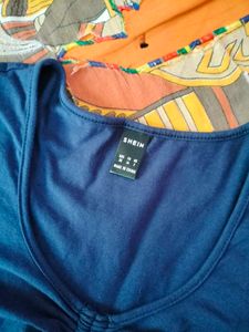 Blue Ruched Drawstring V-Neck Crop Top