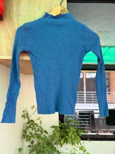 Chic Blue Ribbed Mock Neck Top