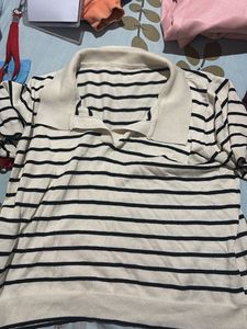 Striped Polo Neck Knit Top
