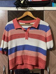 Striped Knit Polo Top