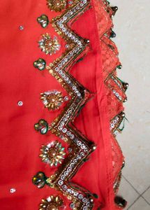 Coral -Red Embroidered Saree with Heavy Designer B