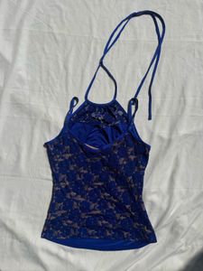 Royal Blue Halter Neck Lace Trim Top