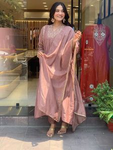 Mauve Embroidered Mul Chanderi Suit Set