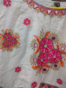 Cream Kurta Set with Pink Dupatta