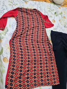 Vibrant Red Kurta Set with Navy Pants
