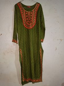 Women Olive Green Embroidered Kurti