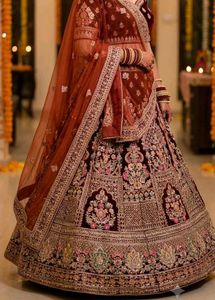 Maroon Velvet Embroidered Bridal Lehenga