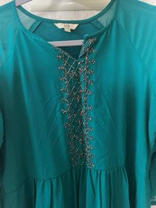 Elegant Teal Embroidered knee length dress