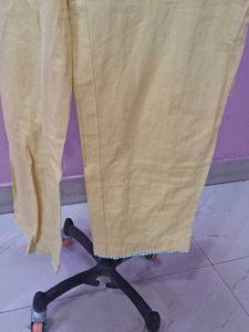 Yellow Striped Kurta Set with Embellished Neckline