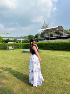 white and blue flowy skirt