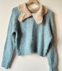 Cozy Blue Knit Sweater with Peter Pan Collar