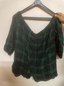 Off-Shoulder Plaid Button-Up Top