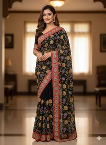 Elegant Black Floral Embroidered Saree