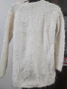 White Fuzzy Sweater with Floral Embellishments