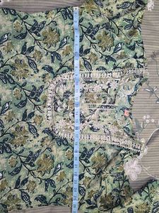 Green Floral Print Kurta with Embellished Neckline