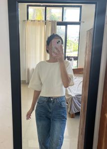 Cream Cropped Top with Flare Sleeves