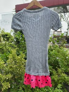 Gray Cable Knit Dress with Pink Polka Dot Skirt