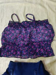 Floral Crop Top &amp; Denim Skirt Set