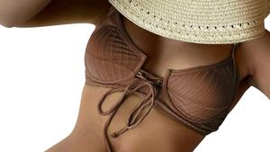Brown Ribbed Lace-Up Bikini Top