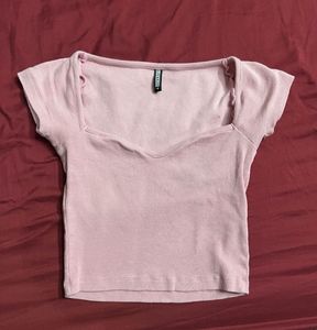 Cute Pink Ribbed Square Neck Top