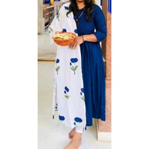 Blue Kurti With White Plazo And Floral Dupatta