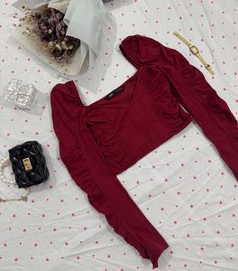 ZARA Chic Burgundy Ruched Crop Top
