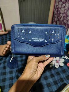 Blue Zip Around Wallet with Pom Char