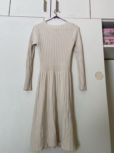 Cream Ribbed Knit Button-Up Midi Dress