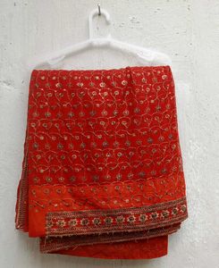 Gorgeous Red & Gold Embroidered Net Saree