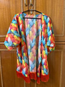 Boho Feather Print Kimono Cover-Up