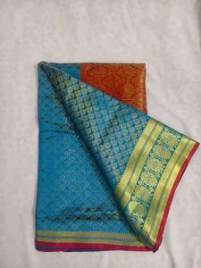 Beautiful Blue Silk Saree with Gold Border