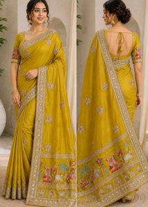 Elegant Mustard Yellow Embroidered Saree