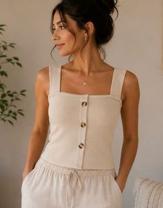 Ribbed Button-Up Tank Top