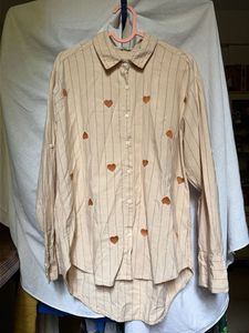 Cute Heart Striped Button-Up Oversized Fit Shirt