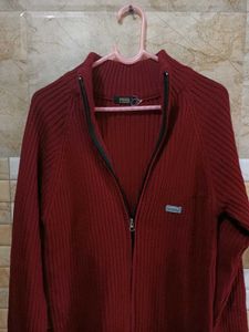 Men's Maroon Ribbed Zip-Up Sweater