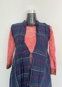 Stylish Blue Plaid shrug with kurta - two set