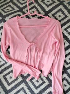 Cute Pink Tie-Front Ribbed Top