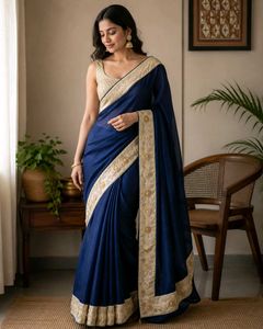 Elegant Blue Saree with Golden Border