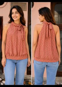 Halter Neck Geometric Print Blouson Top
