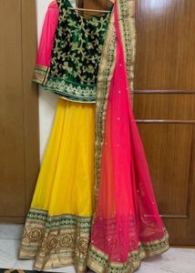Designer Yellow, Emerald Green &amp; Pink Lehenga Set